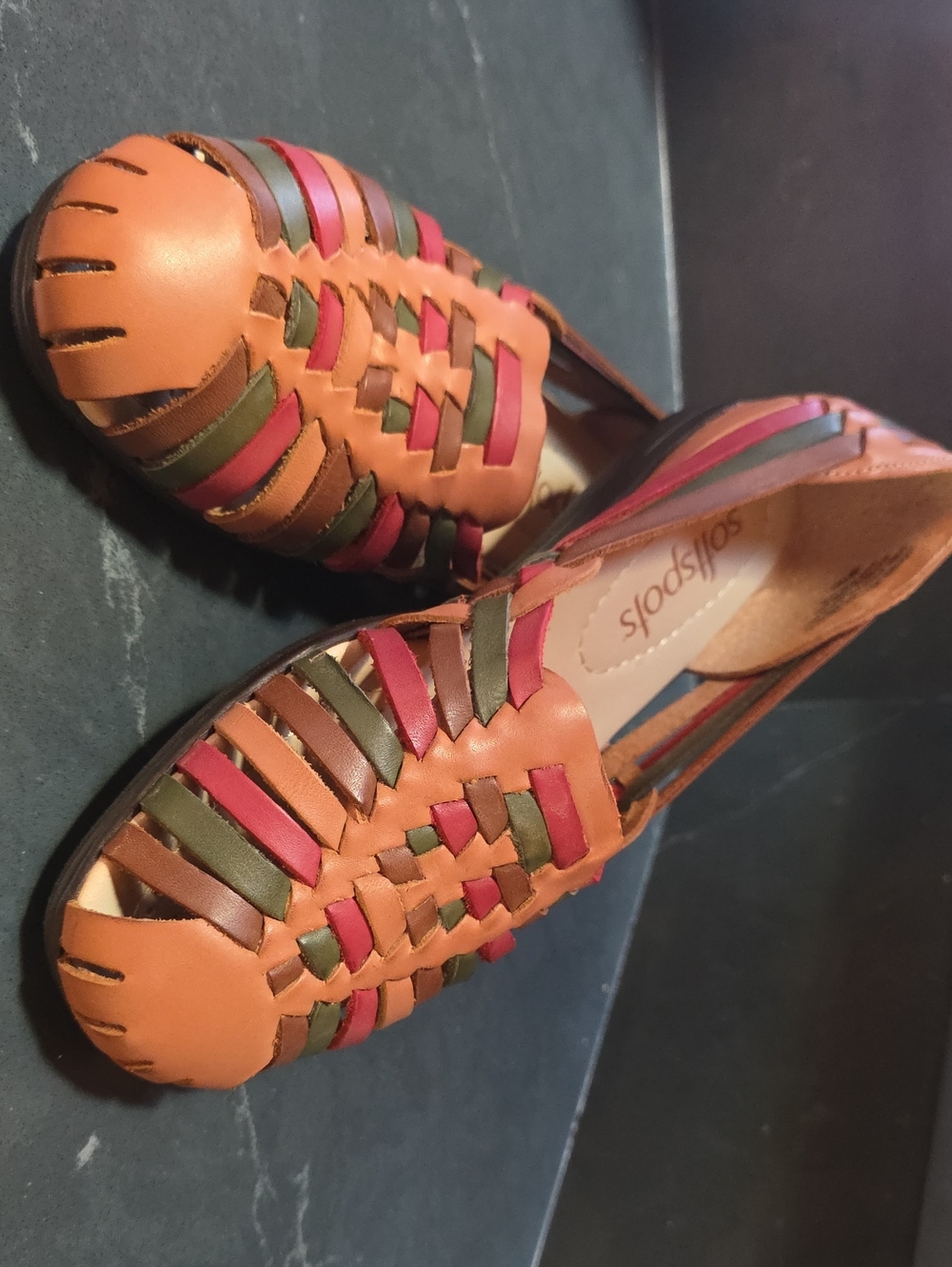 Softspots Trinidad Tan Leather Woven Huarache Flats with Pink and Olive Accents